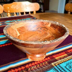 Vintage Mid-Century Modern Solid Wooden Live Edge Pedestal Bowl